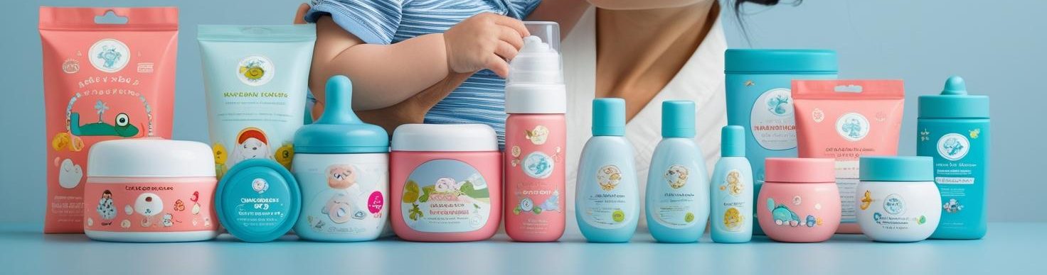 anne bebek ve çoçuk ürünleri içeren arka planı mavi önde ürünler olan bir tanıtım resmi istiyorum. web sitemde banner olarak kullanılacak (1)